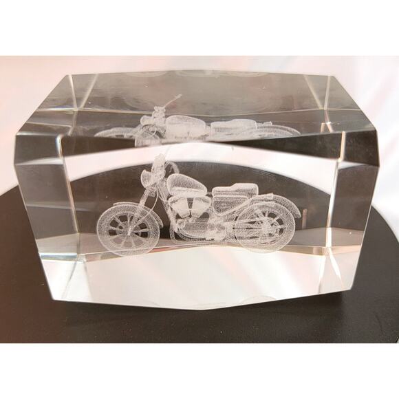 unbranded Other - 3D Laser Etched Clear Art Glass Paperweight Cube with 3-D Holographic Motorcycle
